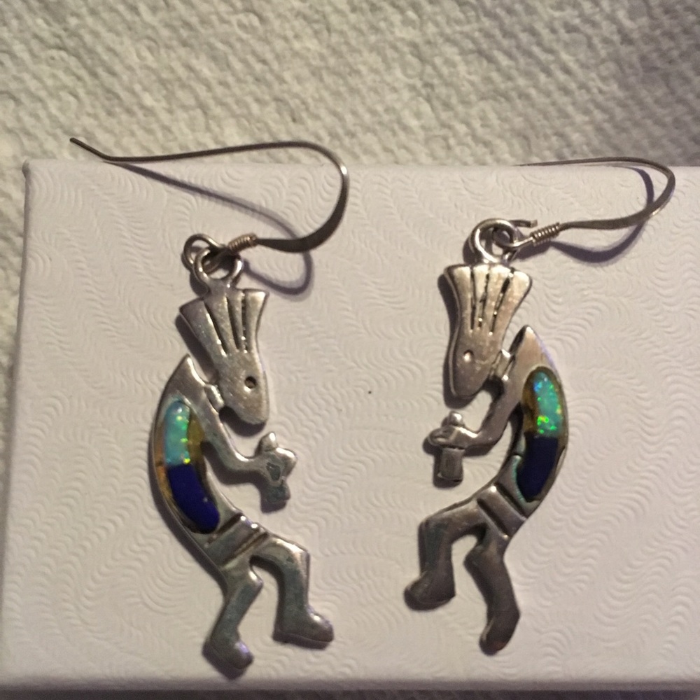 Kokopelli Silver Fire Opal & Lapis Earrings